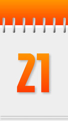 Calendar with days of the year, orange top, day 21.