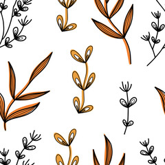 Autumn, Fall botanical pattern with delicate linearts of leaves and branches on isolated background; red and yellow