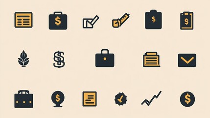 Simple clean business icon design featuring essential symbols like briefcases charts dollar signs rendered in a monochrome palette