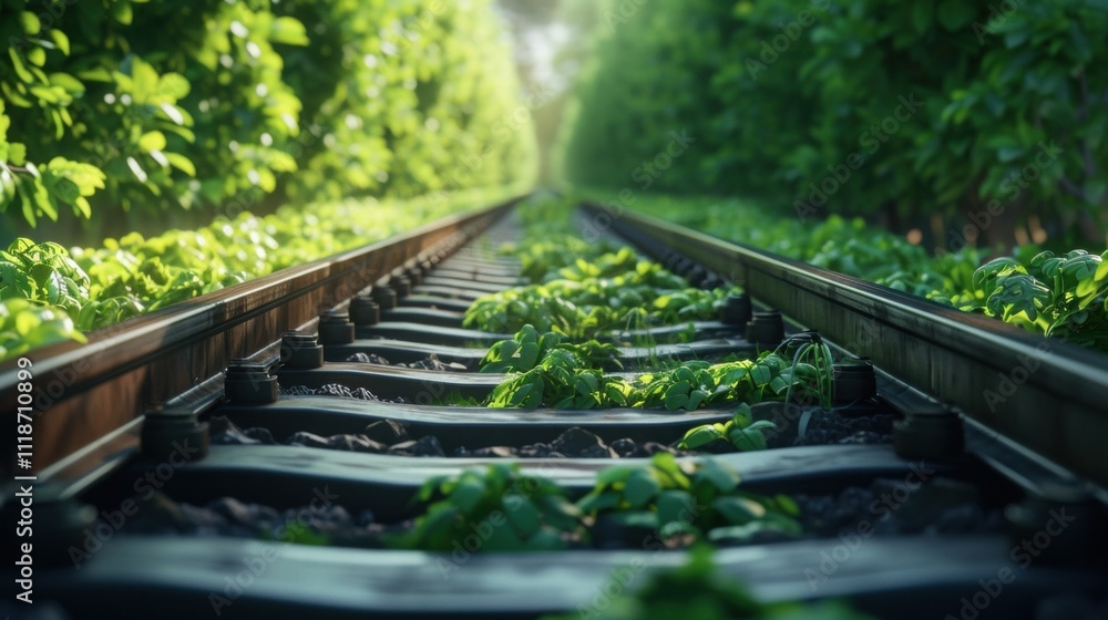 Poster lush green plants are growing between the rails of an abandoned railway track, symbolizing nature re