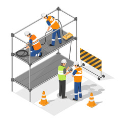 scaffolding in Construction worksite engineer and foreman working with labor isometric isolated illustration