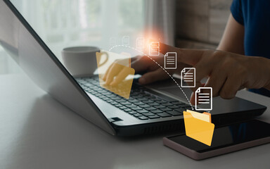 Woman transfer data file document between laptop computer to smartphone on internet network. Data...
