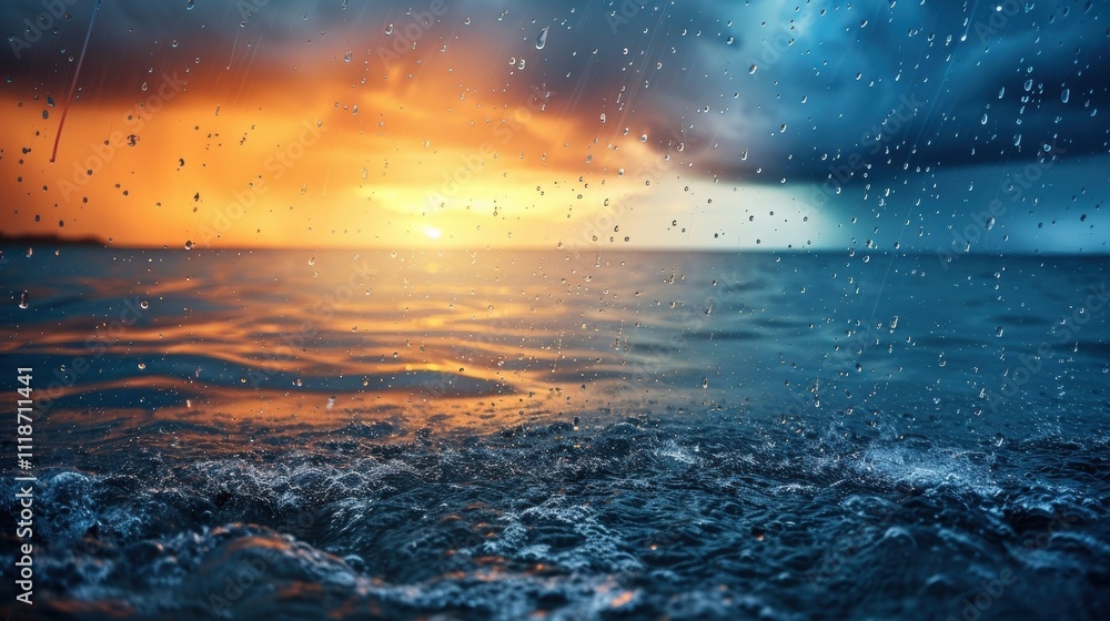 Poster rain is falling on the ocean surface during a vibrant sunset, creating a stunning visual effect with