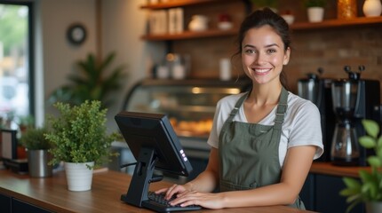 Portrait of Young Woman Working in Café with Modern POS System – High-Quality 4K Photography. Cheerful Barista at Coffee Shop Counter Using Touchscreen POS Terminal.