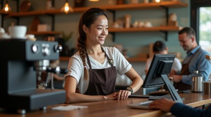 Portrait of Young Woman Working in Café with Modern POS System – High-Quality 4K Photography. Cheerful Barista at Coffee Shop Counter Using Touchscreen POS Terminal.