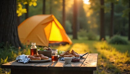 A empty wooden table in the foreground with a tent and trees in the blurred background, suggesting an outdoor camping scene in a forest