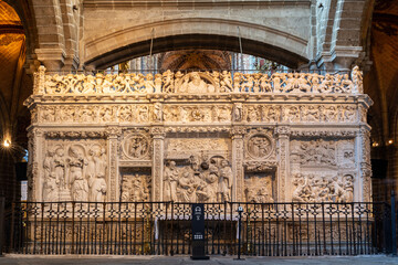 The plateresque retrochoir decorated with reliefs scenes from the childhood of Jesus in the...