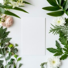 Fresh greenery and delicate flowers surround a blank white sheet on a neutral background