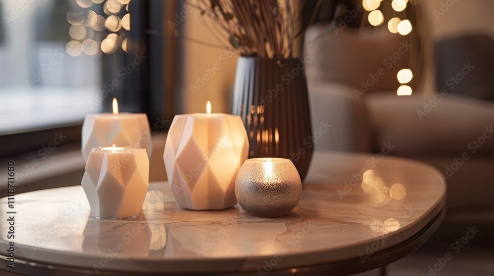 Poster a sleek and stylish console table is the perfect backdrop for a unique arrangement of geometric cand