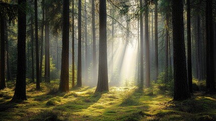 Obraz premium Hiking through a dense pine forest, with sunlight streaming through the trees.