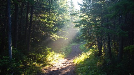 Obraz premium Hiking through a dense pine forest, with sunlight streaming through the trees.