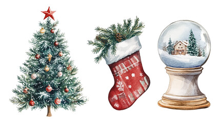 Watercolor vector illustration set featuring a decorated Christmas tree, a festive stocking filled with greenery, and a snow globe with a winter scene. Christmas Tree, Stocking, and Snow Globe