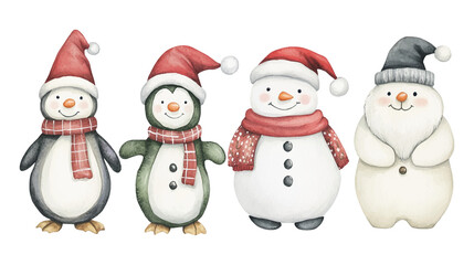 Watercolor vector illustration set of cute Christmas characters penguin, snowman, scandinavian gnome, polar bear and Santa Claus isolated on white background