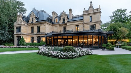 Obraz premium A grand mansion stands proudly at dusk, featuring stunning architecture, surrounded by lush landscaping and a serene pool, creating a peaceful and sophisticated atmosphere.