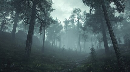 Obraz premium Navigating through a fog-covered forest, with mist clinging to the trees.