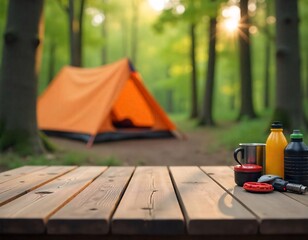 A empty wooden table in the foreground with a tent and trees in the blurred background, suggesting an outdoor camping scene in a forest