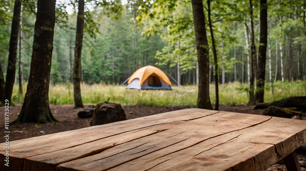 Wall mural a empty wooden table in the foreground with a tent and trees in the blurred background, suggesting a