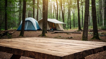 A empty wooden table in the foreground with a tent and trees in the blurred background, suggesting an outdoor camping scene in a forest