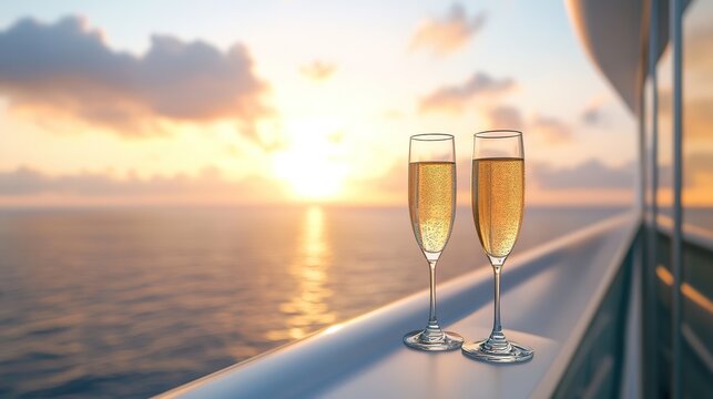 Private balcony on a cruise ship, with champagne and ocean views.