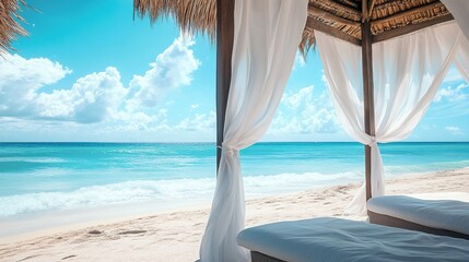 Relaxing in a beach cabana with white curtains swaying in the ocean breeze.