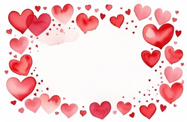 Red hearts drawn aquarelle are placed on the edges of the picture on a white background with space for text in the middle. Valentine's Day. Wedding invitation.