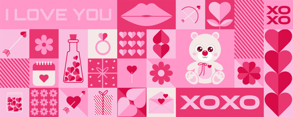 Happy Valentine's Day background with holiday simple icons, hearts, flower, in modern geometric style. Trendy design for greeting card, banner, cover, poster, wallpaper.