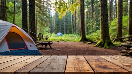 A empty wooden table in the foreground with a tent and trees in the blurred background, suggesting an outdoor camping scene in a forest