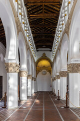 Synagogue of Santa Maria la Blanca (Ibn Shoshan Synagogue) in Toledo, Spain, central nave aisle,...