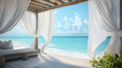 Relaxing in a beach cabana with white curtains swaying in the ocean breeze.