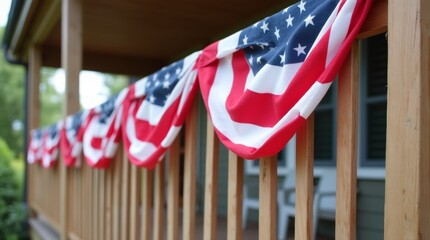 A close-up of vibrant American flag bunting draped elegantly across a wooden porch, showcasing the red, white, and blue colors, perfect for patriotic celebrations and gatherings