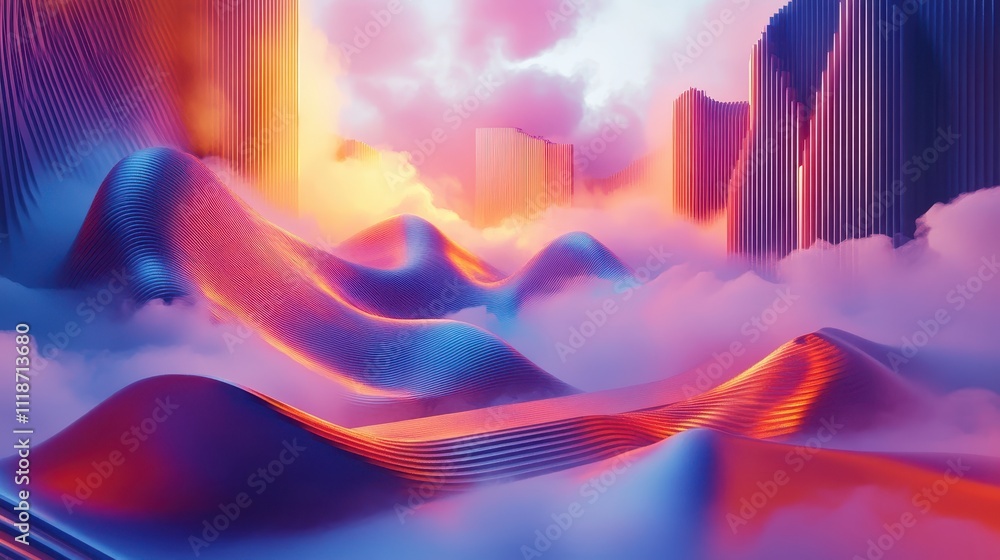 Aufkleber a surreal landscape of colorful waves and towering structures amidst vibrant clouds.