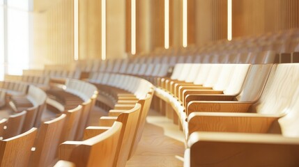 Empty modern auditorium with light wooden seats.