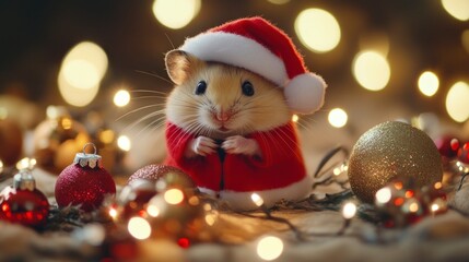 A close-up shot of a hamster dressed in a red Santa suit, its little paws clasped together, surrounded by tiny Christmas decorations and fairy lights 