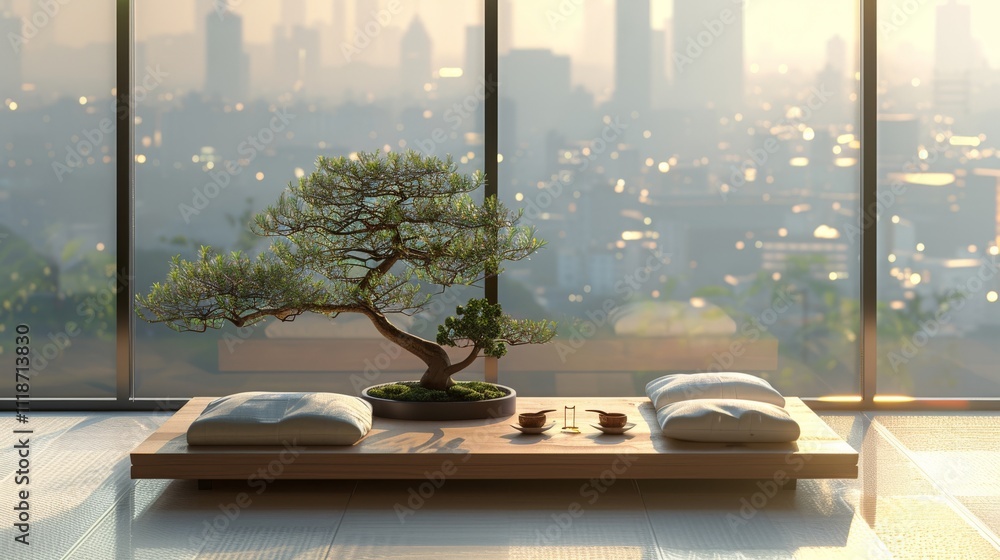 Poster bonsai tree on a wooden table with tea set and cushions by a large window. concept of tranquility an