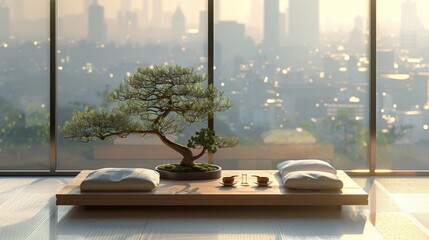 Bonsai tree on a wooden table with tea set and cushions by a large window. Concept of tranquility and mindfulness. For home decor inspiration