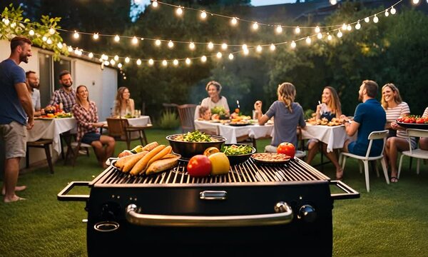 Grilled food on barbecue at summer evening party with friends in backyard.