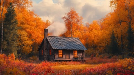 Obraz premium Rustic log cabin nestled in a vibrant autumn forest with warm lighting and smoke rising from the chimney.