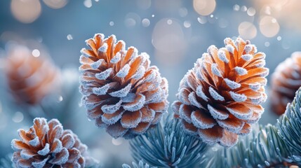 Pinecones dusted with frost in a New Year theme. Generative AI
