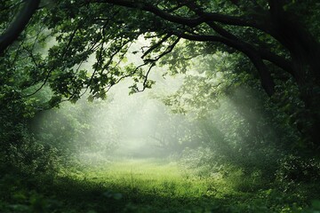 Fototapeta premium Sunlight filters through trees in a serene forest clearing during early morning hours
