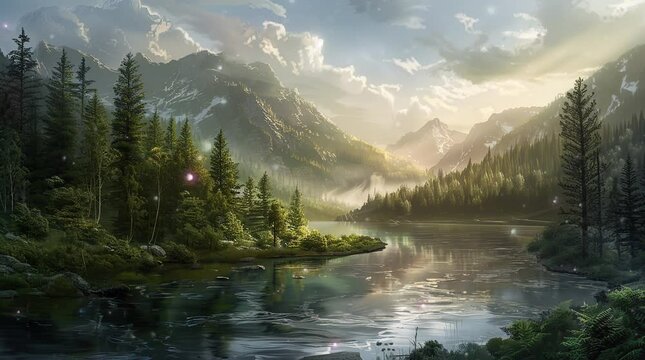 Scenic lake and river flowing through majestic mountains in the evening glow  
Seamless looping 4k time-lapse virtual video animation Generated AI