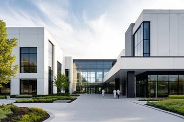 Modern architecture of a healthcare facility with staff walking in a landscaped area