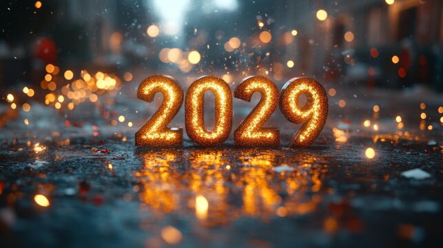 New Year 2029 golden numbers surrounded by fireworks and confetti. Generative AI