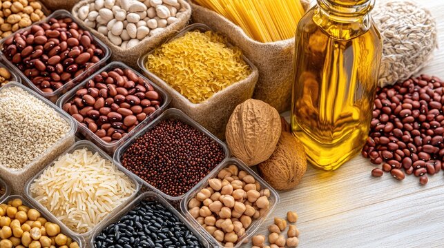 Canned food, various pasta types, and legumes are neatly arranged in plastic bags on a wooden surface, ideal for product showcasing
