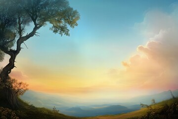 Naklejka premium Sunset over rolling hills with a lone tree reflecting golden and blue hues in the sky