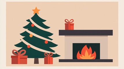Cozy Christmas Scene with Tree, Fireplace, and Presents Decor