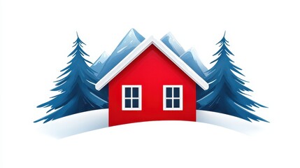 Cozy Red House Surrounded by Snowy Mountains and Pine Trees