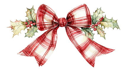 Christmas bow with a red plaid pattern, adorned with holly leaves and berries, delicately painted in watercolor, set against a plain white background for seasonal designs.