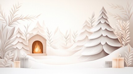 Fototapeta premium Serene Winter Landscape with Cozy Fireplace and Gift Boxes