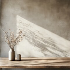 Vase with delicate flowers on a wooden table bathed in soft sunlight in a minimalist interior