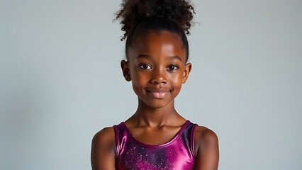 African American girl gymnast in beautiful gymnastics leotard, looking at camera, studio portrait -